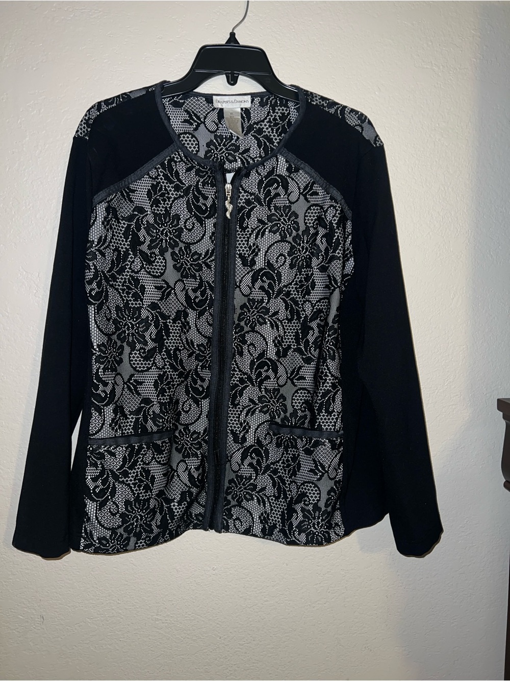 Black Lace-Overlay Zip Front Jacket by London Times